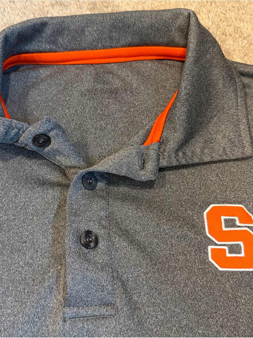 Men's Gray Polo Shirt with Orange Trim and 'S' Accent Sz L